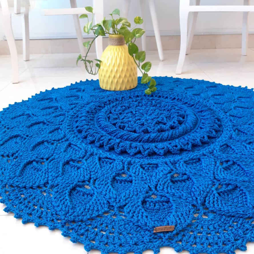 Tapis de sol macramé bohème tissé à la main – Motif Maral Bleu