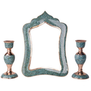 Ensemble miroir et bougeoirs en cuivre persan – Incrustation de turquoise