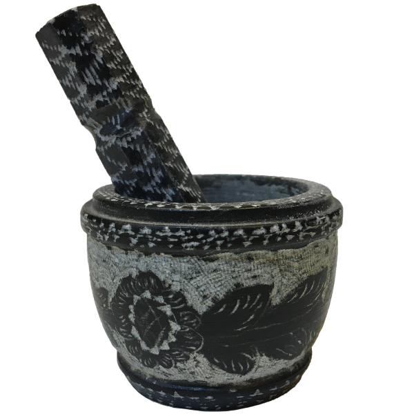 Mortier et Pilon en Pierre avec Motif Floral Persan Traditionnel Khorshid