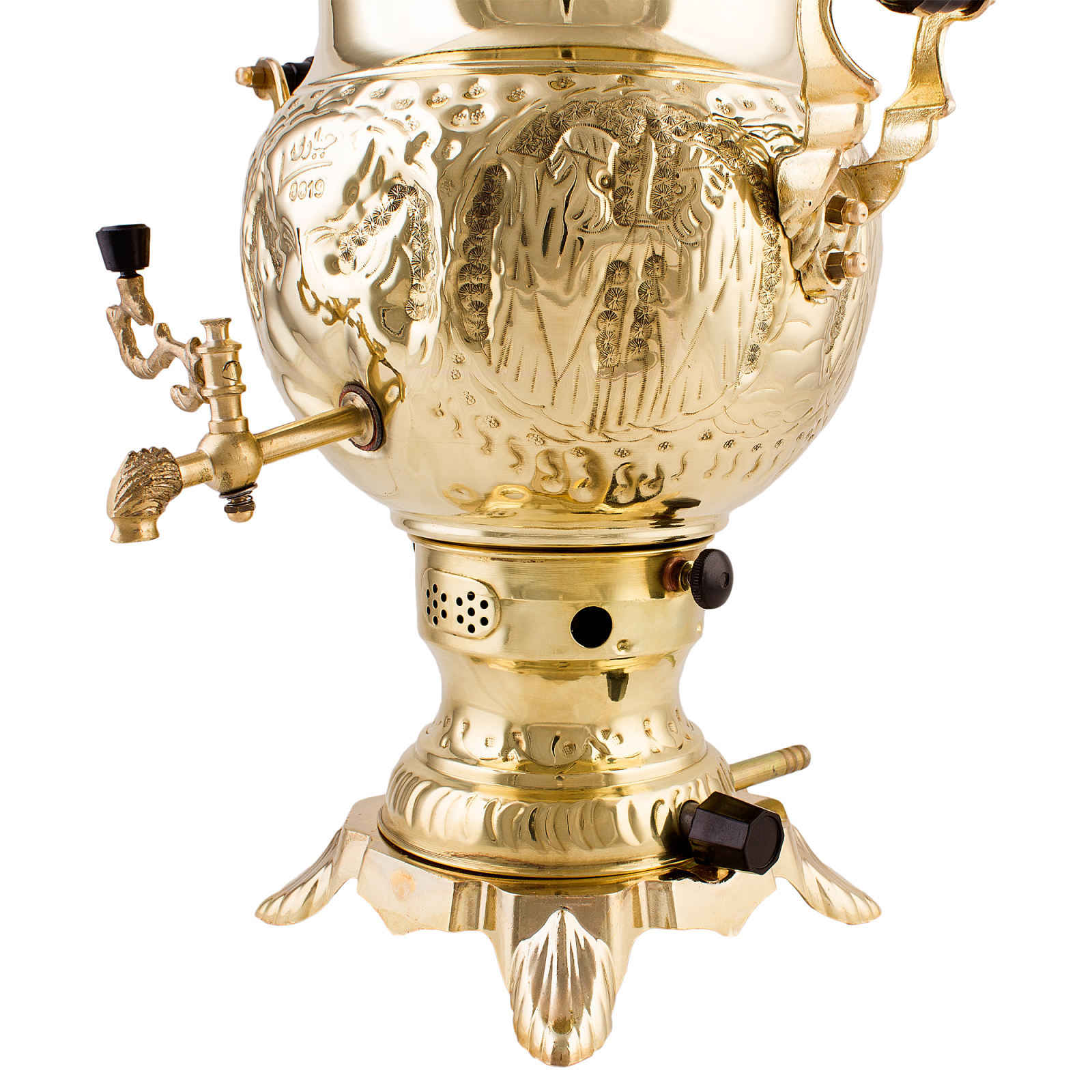 Machine à thé samovar à gaz persan en laiton design traditionnel motifs Achaemenes 6 litres