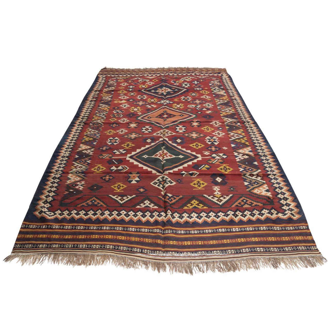Tapis Kilim en laine persane tissé à la main Qashqai Traditionnel
