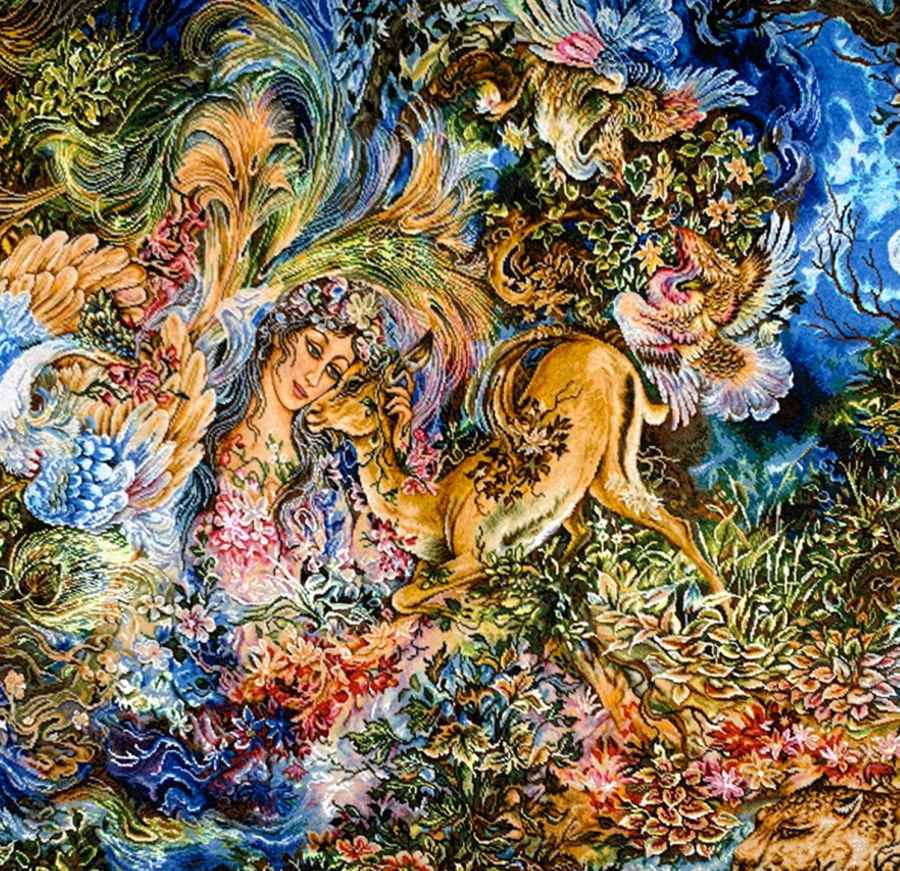 Tapis mural persan fait main de Tabriz représentant la miniature Dayereh Hasti