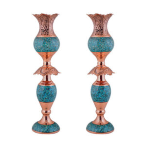 Bougeoir en cuivre persan fait à la main – Incrustation de turquoise – Modèle Tulipe