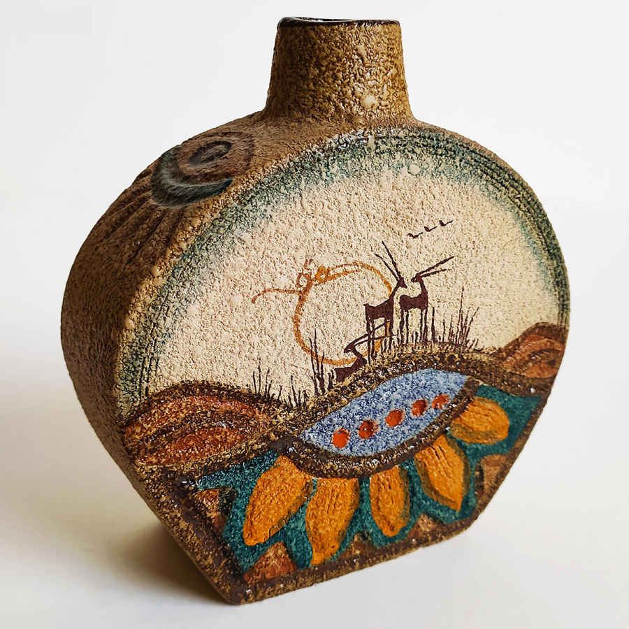 Vase persan à bourgeon en poterie, design peint à la main, idéal pour fleurs fraîches ou séchées.