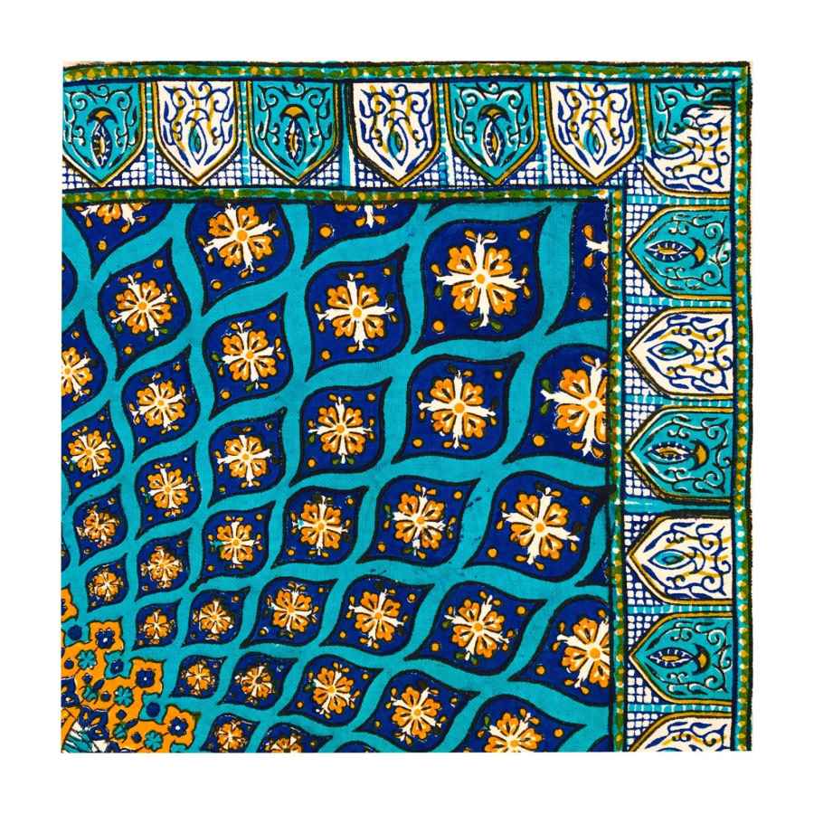 Nappe Iranienne : Impression Traditionnelle Kalamkari d’Isfahan Bloc Galaxie Bleue