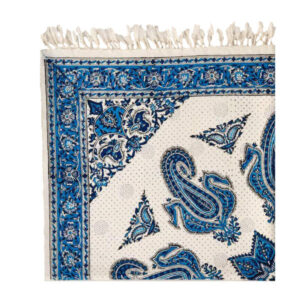 Nappe Iranienne : Impression Traditionnelle Kalamkari d’Isfahan Bloc Ciel Bleu