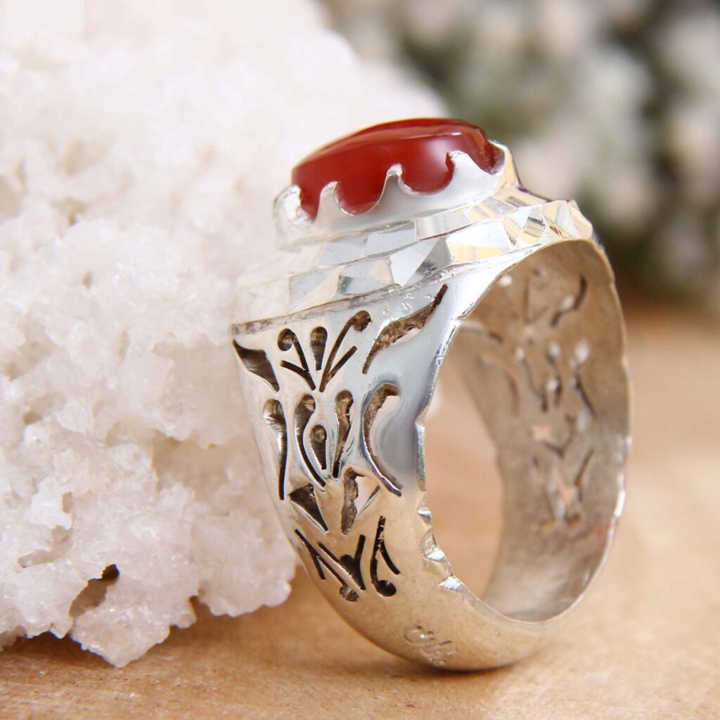 Bague en argent Aqeeq yéménite persane pour hommes - Rouge