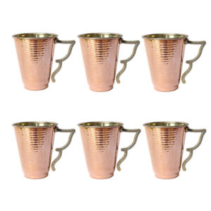 Tasse persane en cuivre – Ensemble de 6 fabriquées à la main avec anse pour boissons froides – Martelées Azari