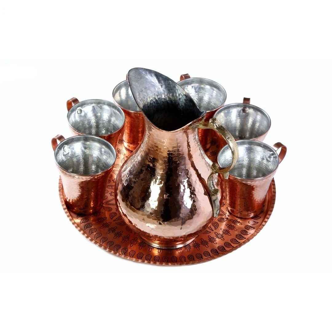 Tasse persane en cuivre – Ensemble de 8 fabriquées à la main avec anse pour boissons froides – Martelées avec pichet