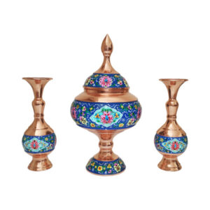 Sucrier persan artisanal en cuivre avec couvercle et vases – Émail Minakari Lotus