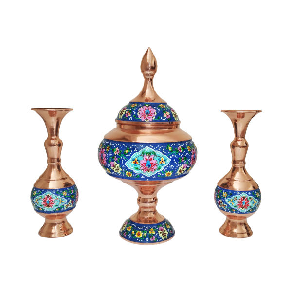 Sucrier persan artisanal en cuivre avec couvercle et vases - Émail Minakari Lotus