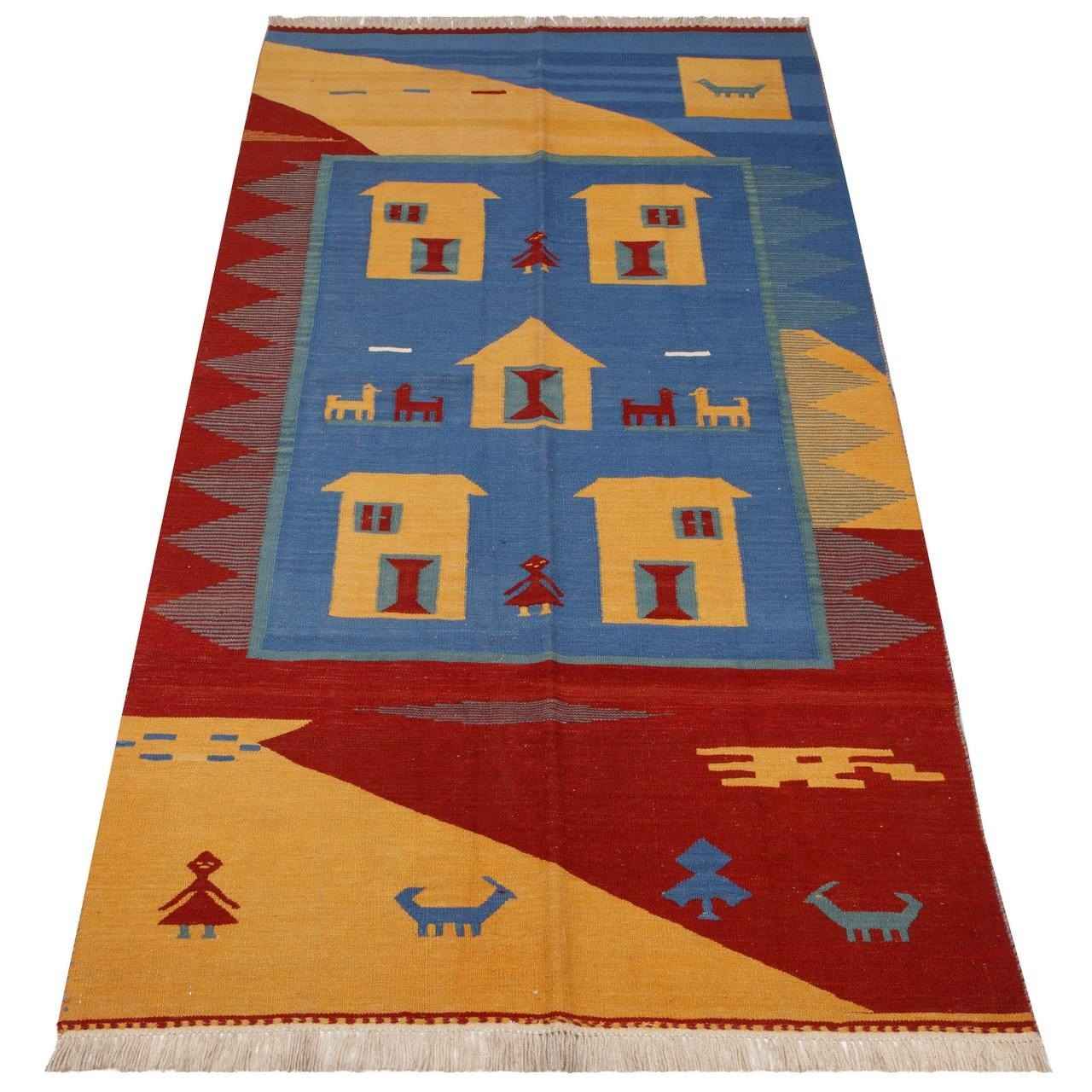 Tapis Kilim en laine persane tissé à la main Modèle Qajari Bleu