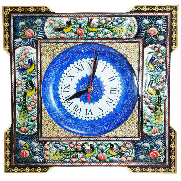 Horloge murale en bois persane artisanale - Art du marqueterie Khatam, Carré