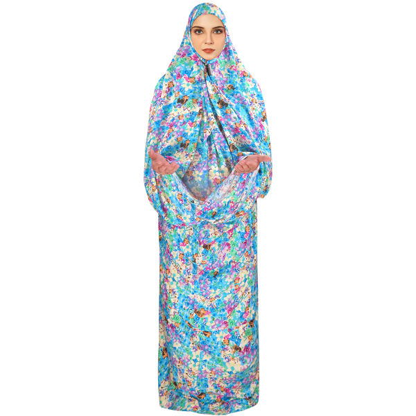 Tchador Islamique de Prière pour Femmes - Idéal pour la Prière - Fleurs Bleues