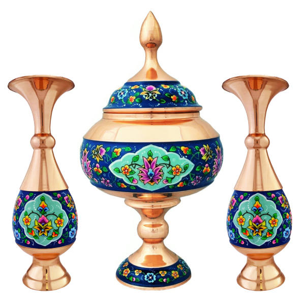 Sucrier persan artisanal en cuivre avec couvercle et vases - Émail Minakari Fleur