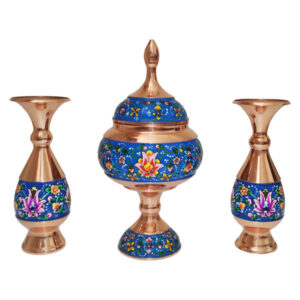 Sucrier persan artisanal en cuivre avec couvercle et vases – Émail Minakari Artistique