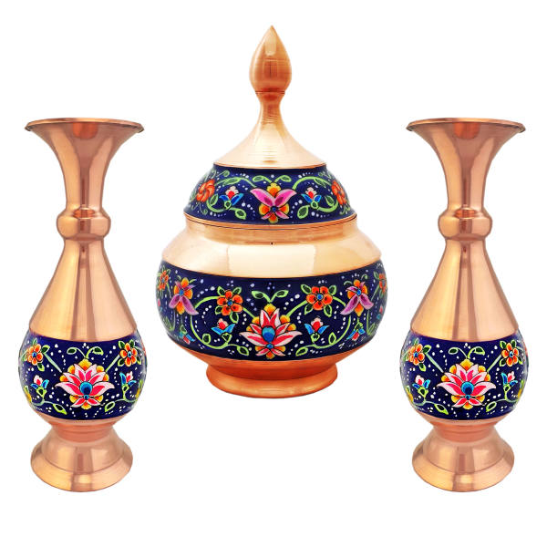 Sucrier persan artisanal en cuivre avec couvercle et vases - Émail Minakari