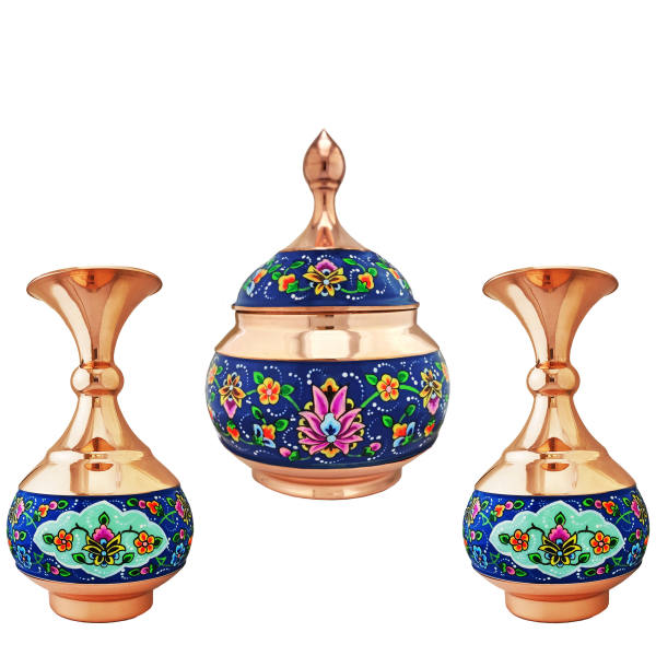 Sucrier persan artisanal en cuivre avec couvercle et vases - Émail Minakari Pardaz
