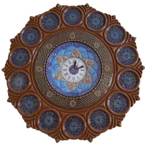 Horloge murale en bois persane artisanale - Minakari émaillée Bleu marine