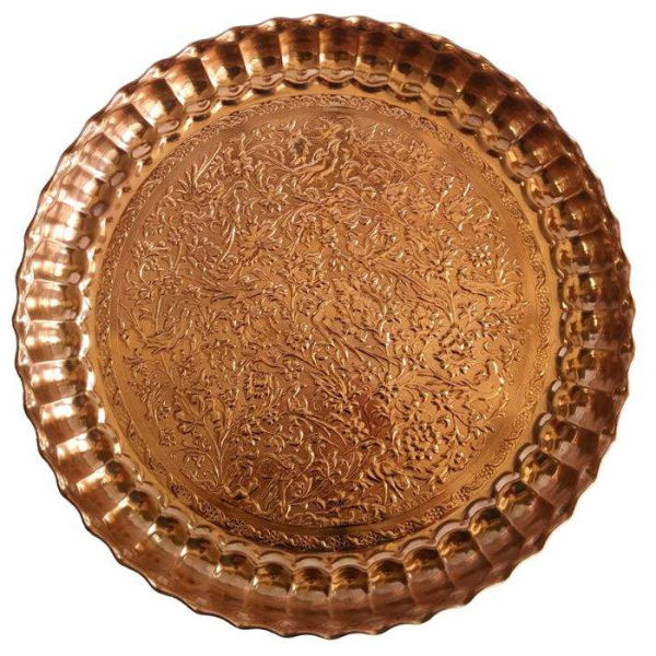 Plat de Service Persan en Cuivre Traditionnellement Martelé Hakaki