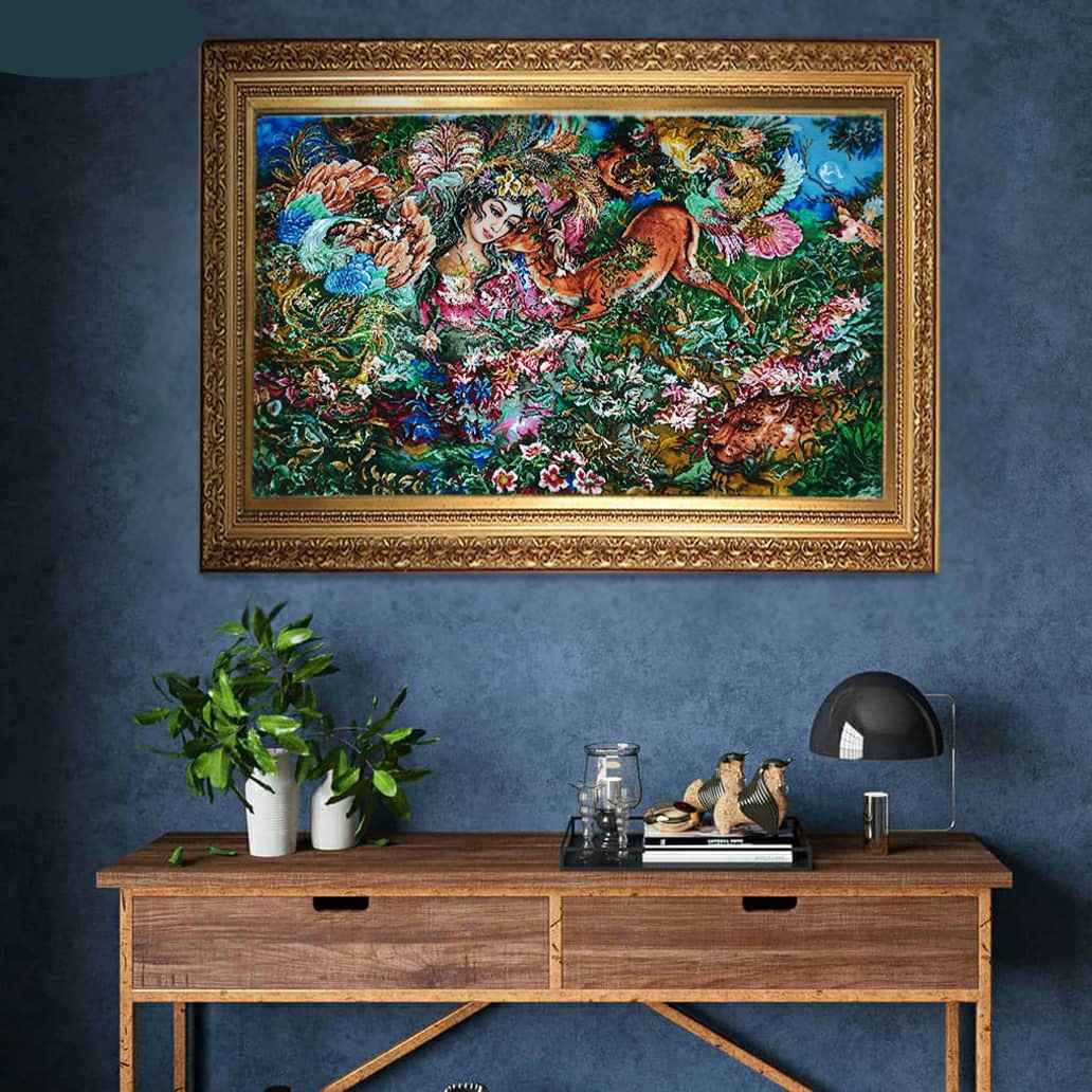 Tapis mural persan fait main de Tabriz représentant la miniature Existence