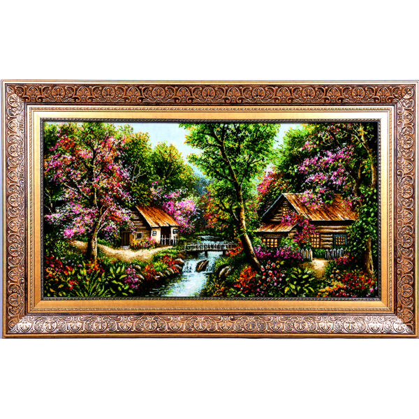 Tapis persan figuratif noué à la main de Tabriz représentant un paysage rural