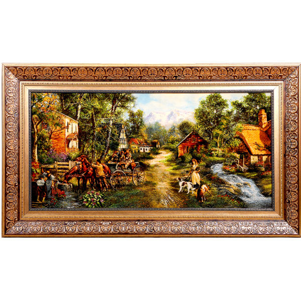 Tapis persan figuratif noué à la main de Tabriz représentant un paysage rural