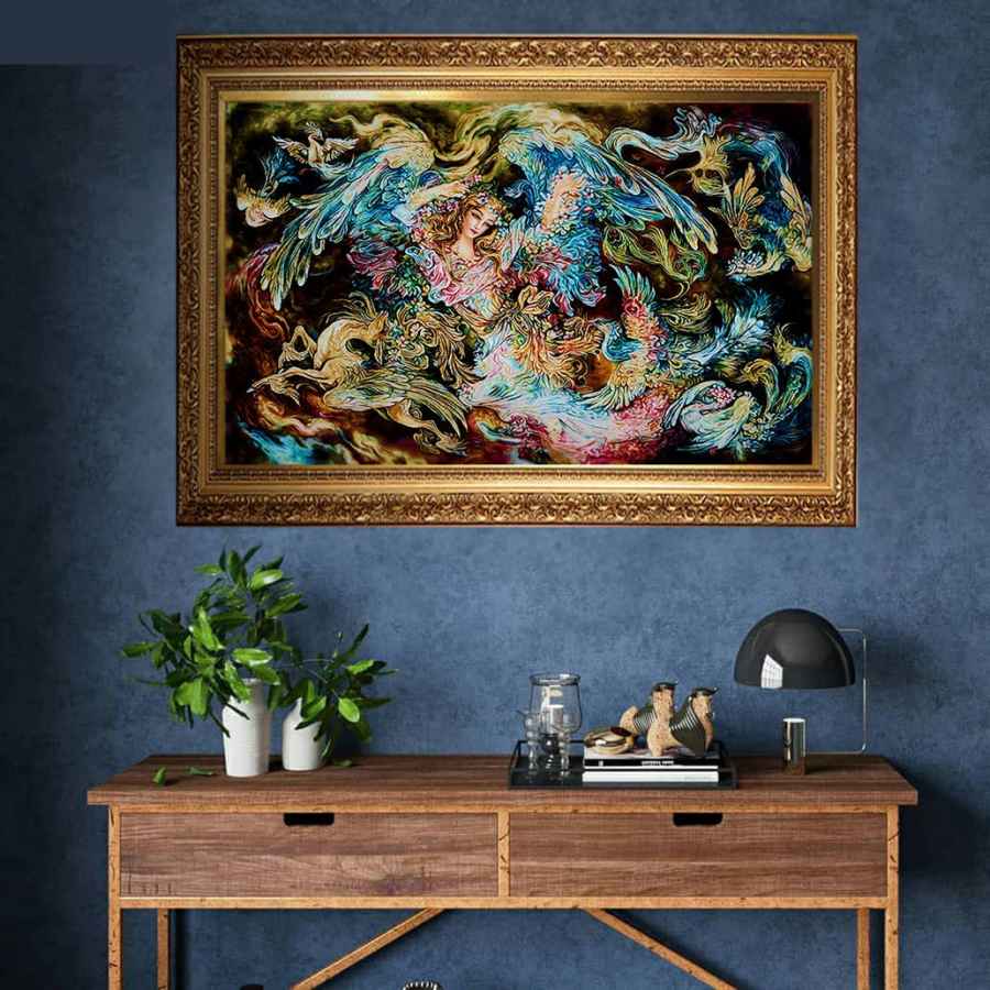 Tapis mural persan fait main de Tabriz représentant la miniature Simorgh