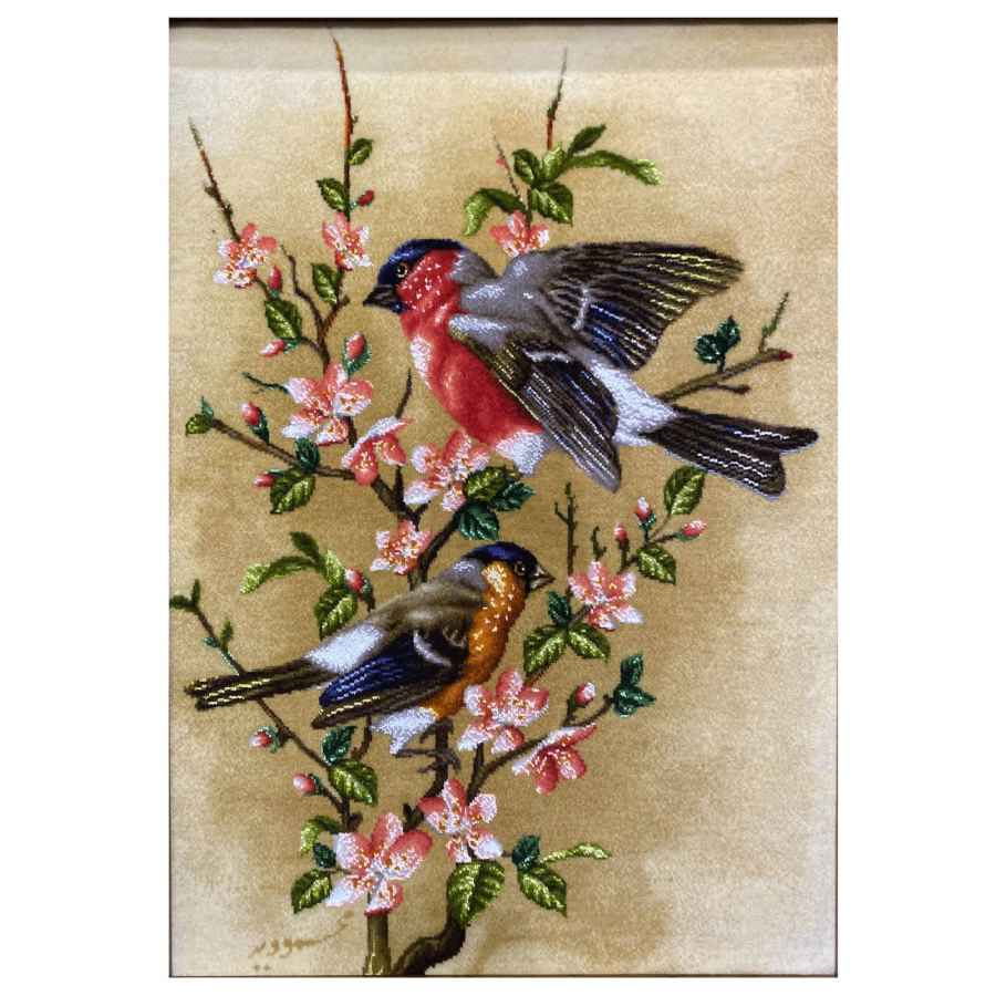 Tapis persan figuratif noué à la main de Tabriz représentant un moineau