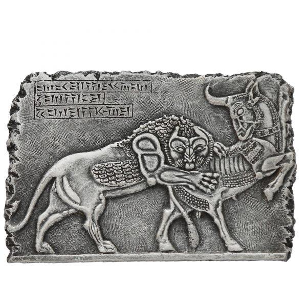 Réplique légendaire d’inscription – Guerre entre lion et vache inspirée de l’Antiquité perse