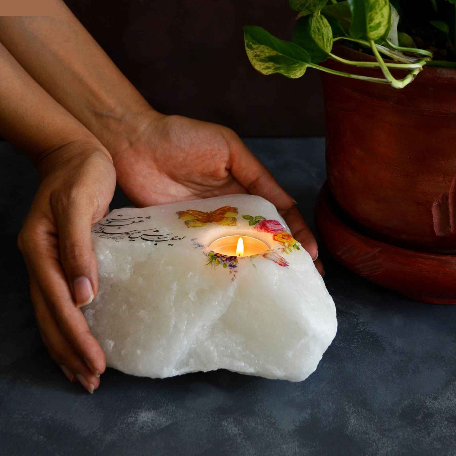 Lampe de sel persane Glow – fait main avec calligraphie poème de Hafez (Eshgh)