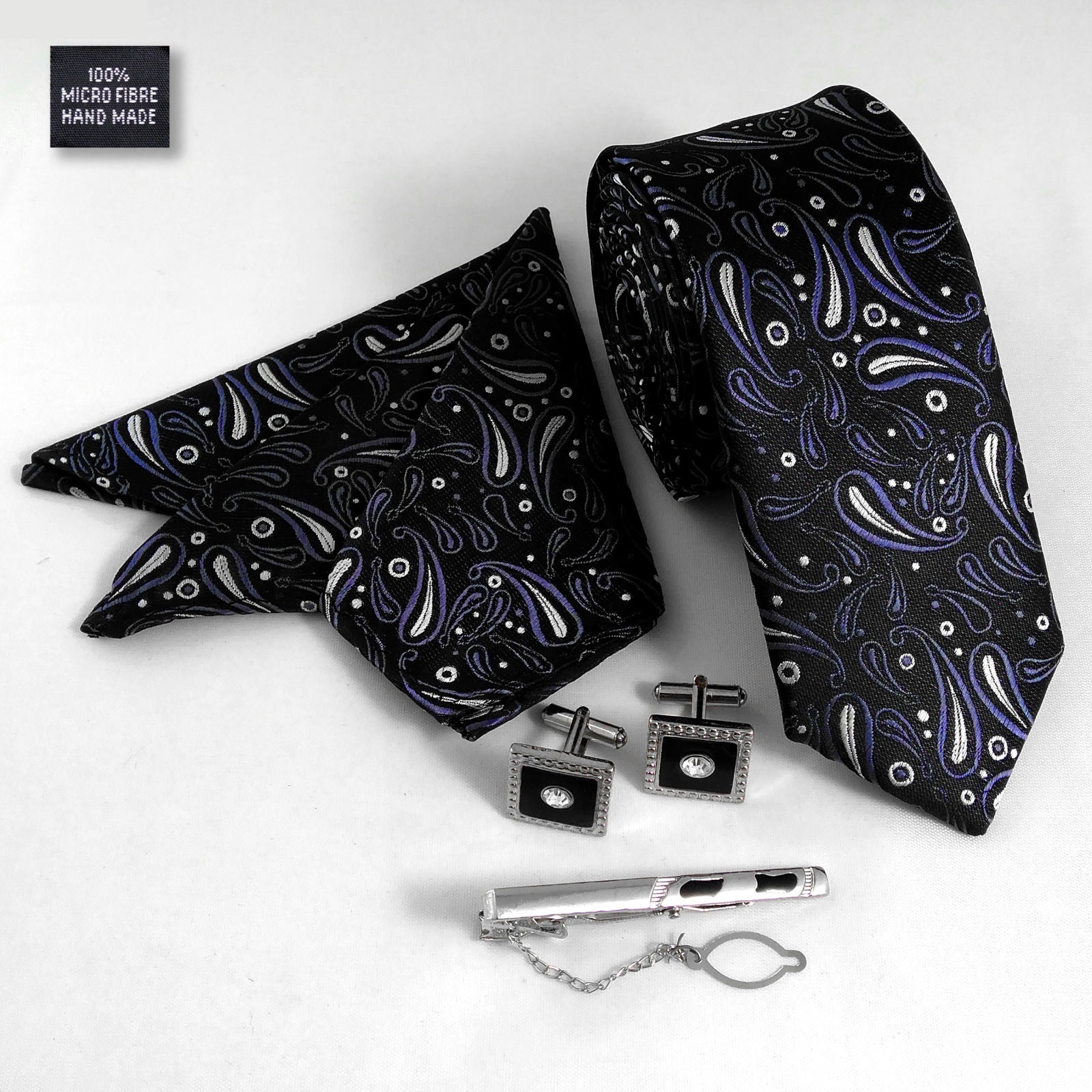 Ensemble Cravate, Pochette & Boutons de Manchette pour Homme – Noir de Luxe