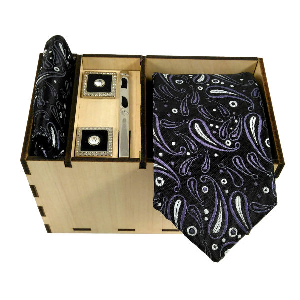 Ensemble Cravate, Pochette & Boutons de Manchette pour Homme - Noir de Luxe