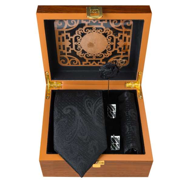 Ensemble Cravate, Pochette & Boutons de Manchette pour Homme - Noir II de Luxe