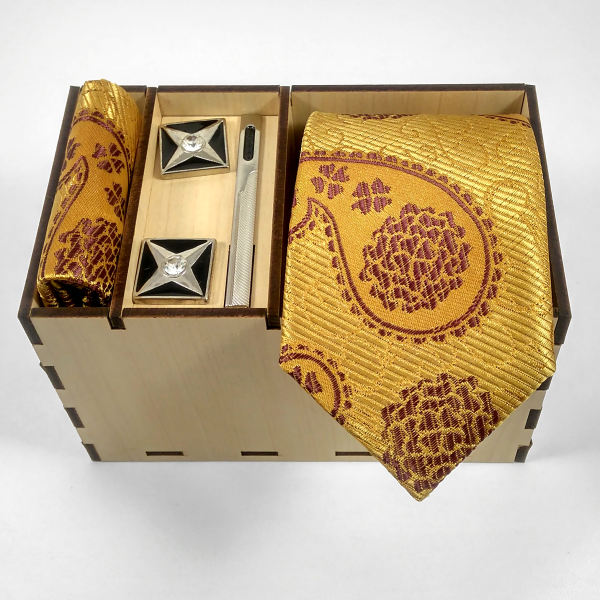 Ensemble Cravate, Pochette & Boutons de Manchette pour Homme - Doré de Luxe