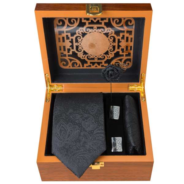 Ensemble Cravate, Pochette & Boutons de Manchette pour Homme - Noir de Luxe