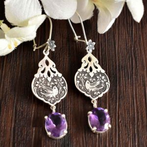 Boucles d’oreilles en argent persan Gravées avec Pierre d’Améthyste