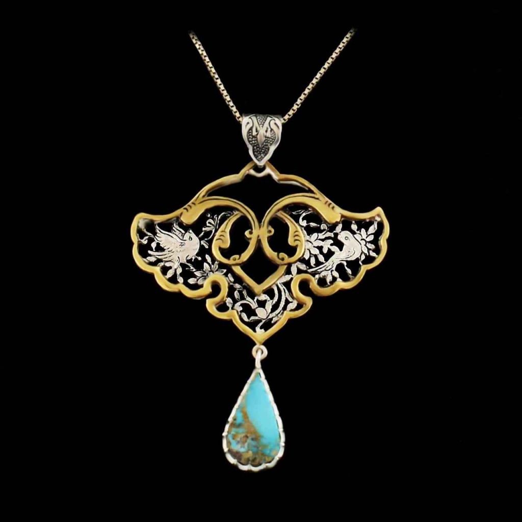 Pendentif en argent gravé persan avec pierre précieuse Turquoise