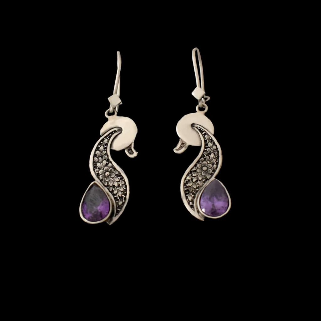 Boucles d'oreilles en argent persan Gravées avec Pierre d'Améthyste Violette