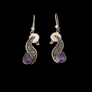 Boucles d’oreilles en argent persan Gravées avec Pierre d’Améthyste Violette