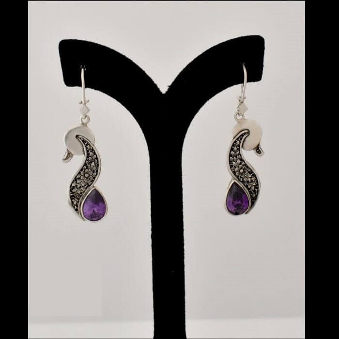 Boucles d’oreilles en argent persan Gravées avec Pierre d’Améthyste Violette