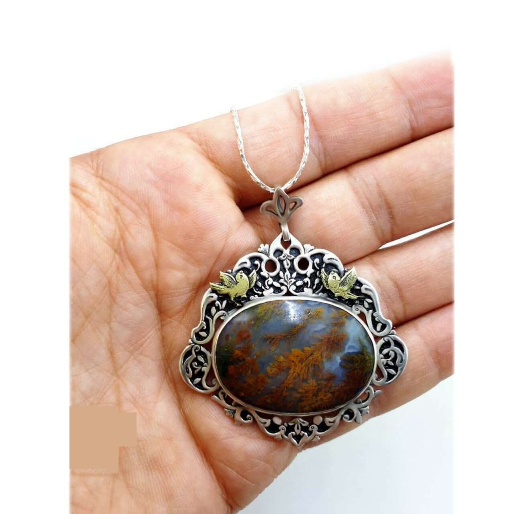 Pendentif en argent gravé persan avec pierre précieuse Agate Dendritique