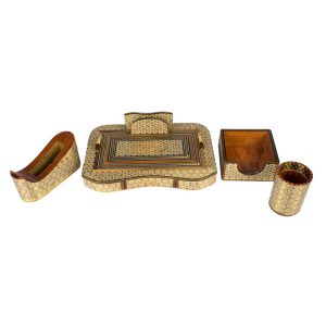 Ensemble de bureau en bois persan décoré avec l’art du Khatamkari – 10 pièces