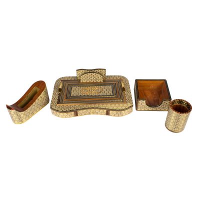 Ensemble de bureau en bois persan décoré avec l’art du Khatamkari – 10 pièces