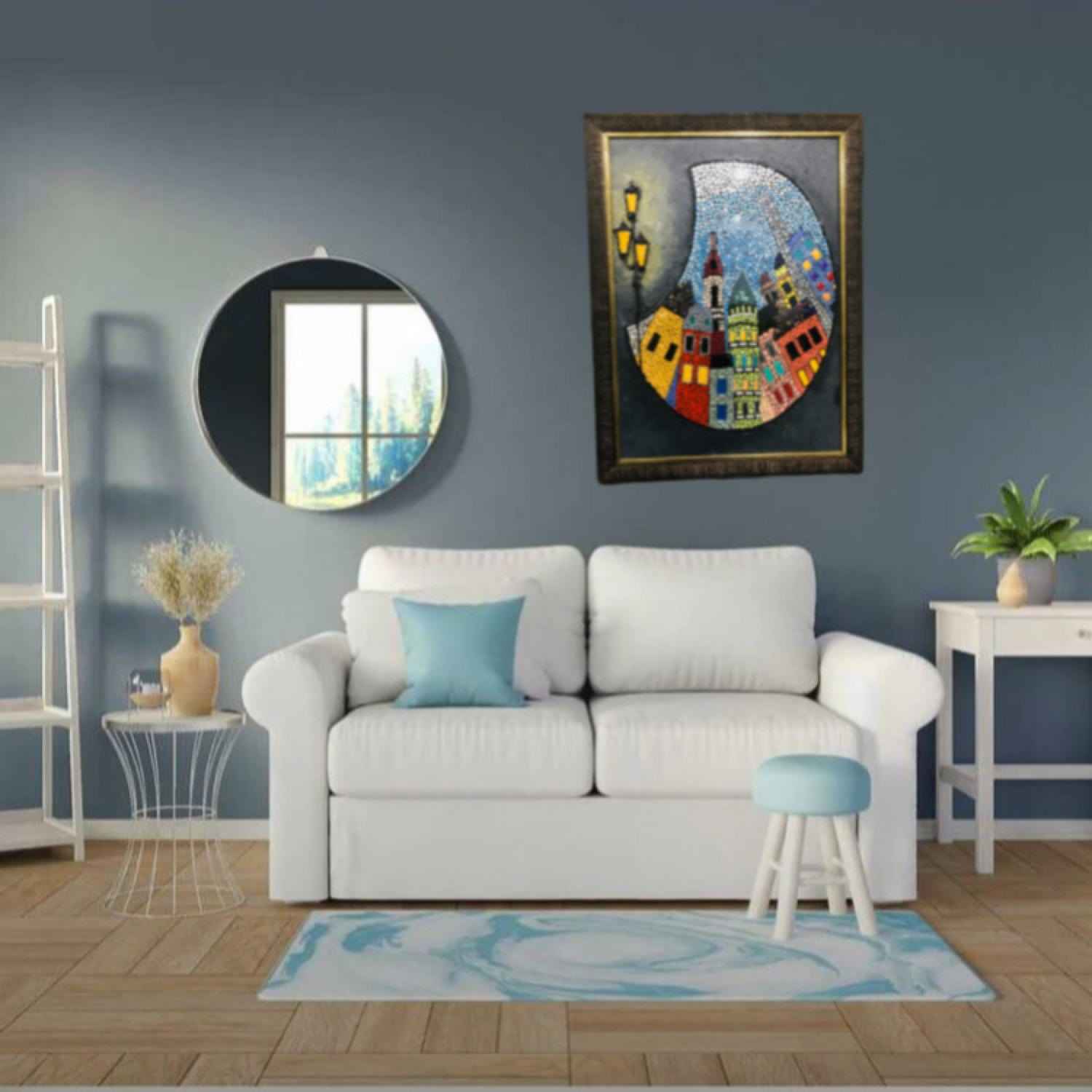 Tableau Persan en Céramique Émaillée – Vue Enchantée d’une Ville