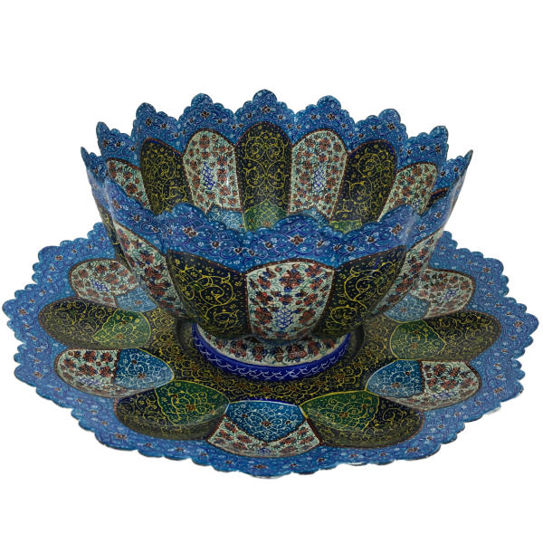 Bol et Assiette Décoratifs en Cuivre Peints à la Main avec de l'Émail Minakari Persan Soleil