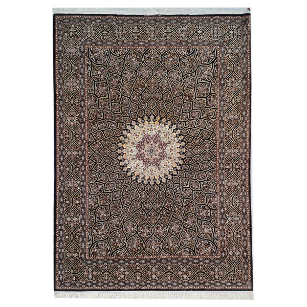 Tapis Persan en Soie à Médaillon Fait Main Isfahan Fond Noir Laine