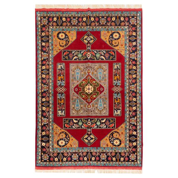 Tapis Persan Fait Main Médaillon Intriqué Mélange de Soie et Laine Laki Rouge