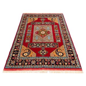 Tapis Persan Fait Main Médaillon Intriqué Mélange de Soie et Laine Laki Rouge
