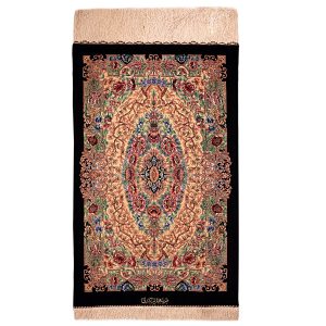 Tapis en soie persan noué à la main Médaillon Qom Lachak
